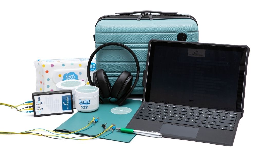 Complete NeurOptimal neurofeedback home rental kit with laptop, headphones, sensors and accessories