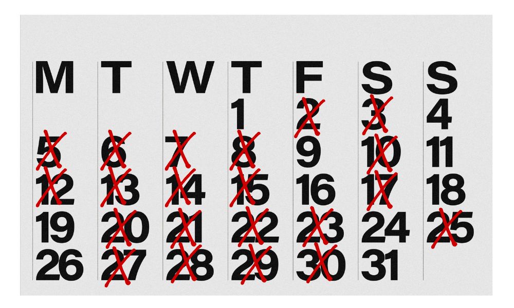 Calendar with multiple days crossed off, representing fitting regular neurofeedback sessions into a busy schedule