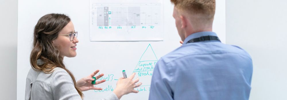 Two business professionals discussing ideas at a whiteboard, representing quick thinking, mental agility and effective decision-making